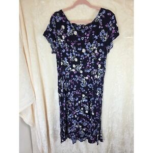 Ella Simone Floral Midi Dress Womens XL Black Purple Blue Rayon‎ Short Sleeve